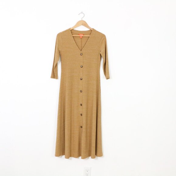 *Joe Fresh Mustard Yellow Long Sleeve Long Button Up Dress - Picture 3 of 8